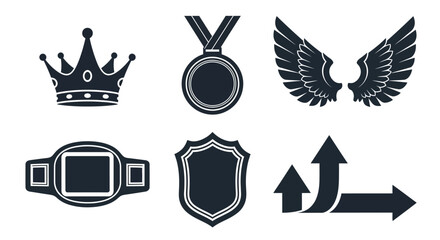 Collection of Achievement and Success Icons - Crown, Medal, Wings, Belt, Shield, and Arrows.