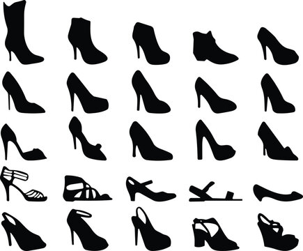 Collection of women’s footwear silhouettes featuring heels, boots, sandals, and fashion shoes for design projects, fashion graphics, branding, illustrations
