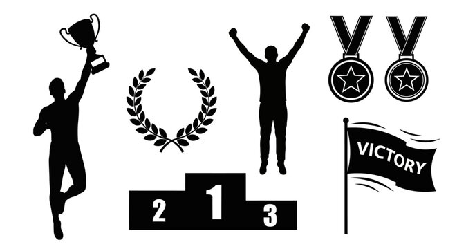 Silhouette of a victorious athlete with trophy, laurel wreath, podium, medals, and flag.