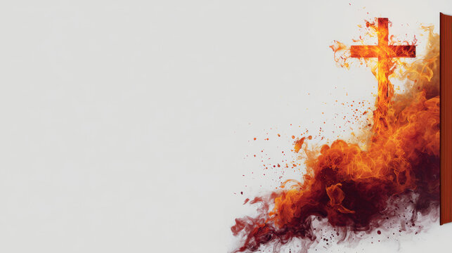 Flaming cross burning with rising orange smoke and ember explosion evoking passion and renewal in minimalist composition