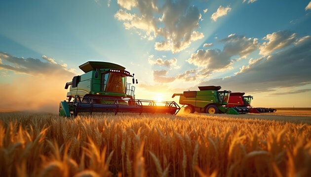 Green, red combines harvest ripe wheat field at sunset. Farming machines operate during golden hour. Rural scene of agricultural crop gathering. Heavy equipment collects grain for global food - Powered by Adobe