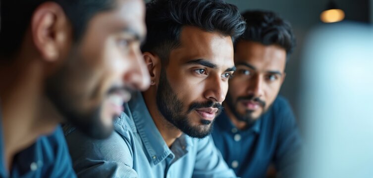 Three young adult men work on computer together. Coworkers study project and look at screen. Asian business team work at desktop. Diverse colleagues cooperate on startup in office.
