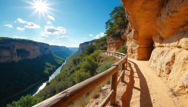 Sunny river canyon landscape, hiking trail path winds along rocky cliff face. Wooden fence offers safety on narrow scenic way. Turquoise river water flows in green valley below. Blue sky, white