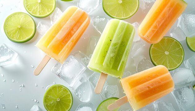 얼음 위에 놓인 멜론&middot;라임&middot;오렌지 아이스바의 청량한 여름 디저트 Refreshing Melon, Lime and Orange Popsicles on Ice