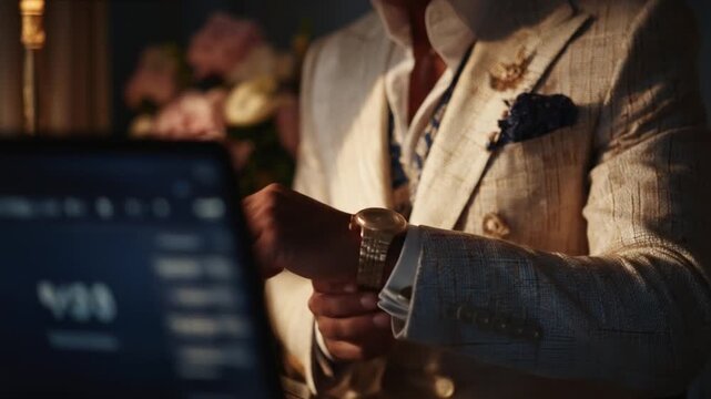 Elegant attire details with tailored jacket and floral arrangement