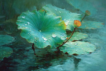 Lotus Leaves Under Rain &ndash; Serene Nature Scene