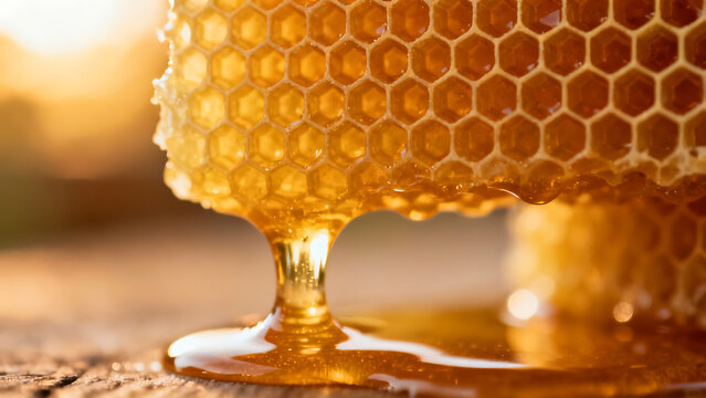 Golden honey dripping from a beehive cell on rustic wood in warm sunlight
