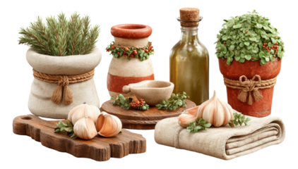 Herb Preparation Set in Photorealistic Farmhouse Style Kitchen Illustration