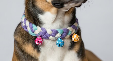 Close up of a cute mixed breed dog wearing a colorful braided collar with festive jingle bells and charms against a plain background