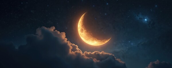 Glowing crescent moon shines through cloudy sky. Stars and constellations appear in deep space. Night sky with blue and golden glow. Space exploration and astronomy concept art.