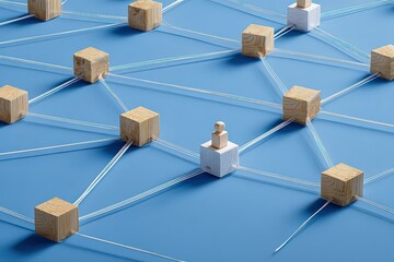 Abstract Networked Cubes Over Blue Background with Futuristic Light and Geometric Structures