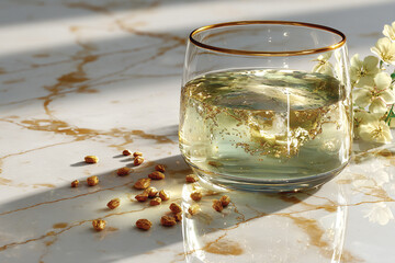 Pale Water Glass on White Marble with Scattered Fenugreek Seeds &ndash; Minimalist Healthy Drink