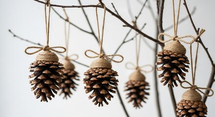 Rustic handmade pinecone christmas ornaments decorated with twine and bows hanging from bare tree branches