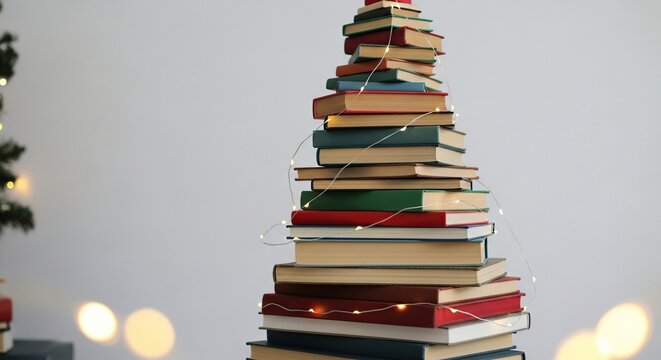 Creative christmas tree shaped from stacked vintage books with soft bokeh lights in background symbolizing holiday reading and winter season