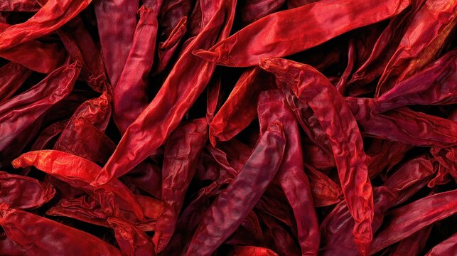 Close-up, overhead shot of a pile of vibrant red, dried chili peppers, tightly packed together, showcasing their texture
