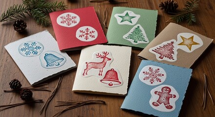 Festive handcrafted christmas cards with charming holiday illustrations like snowflakes reindeer gingerbread man and pine trees arranged on a rustic wooden surface with pine needles and cones