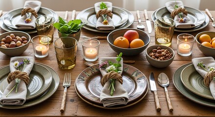Beautifully set rustic dining table with plates napkins cutlery candles and bowls of nuts and fruit for a cozy autumn gathering or celebration