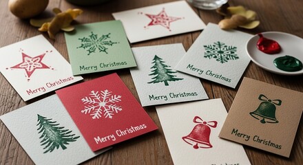 Handmade christmas cards featuring festive designs like snowflakes christmas trees stars and bells in various colors and textures