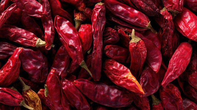 Close-up photo of dried red chilies, tightly packed together. The peppers have wrinkled skin and various shapes. Their color ranges from deep red to brown - Powered by Adobe
