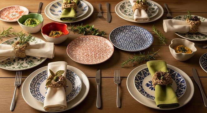 Elegant rustic table setting with ornate plates napkins and cutlery for a festive gathering or special occasion meal