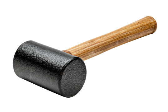 Black mallet with a wooden handle against a black background