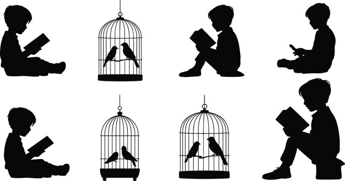 Silhouette of children reading books and birdcages with birds, education and imagination concept vector illustration for learning, childhood, and freedom theme
