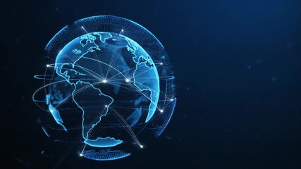 Futuristic digital world map in blue tones with glowing lines illustrating global data transfer, network communication, and worldwide technological infrastructure. - Powered by Adobe