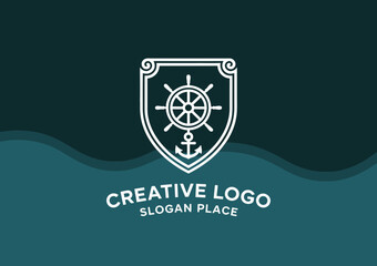 This image showcases a nautical-themed logo featuring a shield design, a ship's wheel, an anchor, and a modern artistic style, perfect for maritime branding.
