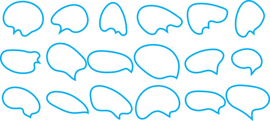 Abstract blue outline speech bubbles collection, diverse shapes for communication concepts, dialogue, and talking.