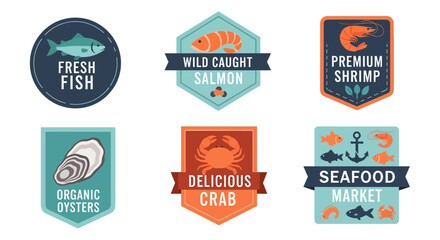 Obraz premium Collection of Seafood Market Badges featuring Fresh Fish, Wild Caught Salmon, Shrimp, Oysters, and Crab