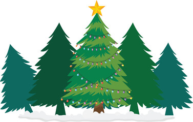 Obraz premium Festive Christmas Tree with Colorful Lights and Golden Star in a Snowy Winter Forest, Evergreen Pine Trees, Holiday Season Illustration