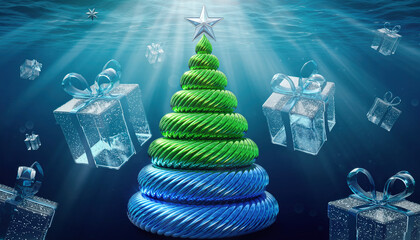 Naklejka premium Choinka na Boże Narodzenie z gwiazdą na czubku i prezentami