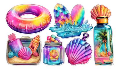 Vibrant Beach Mini Gear Illustration Featuring Rainbow Colors and Glossy Details