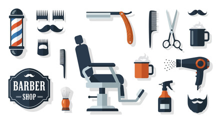 A collection of flat design barber tools and hairdressing salon equipment icons for men's grooming and hairstyling