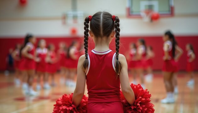 Small young girl cheerleader with braided pigtails in red uniform holds bright pom-poms. Stands on polished wooden gym floor, observing team. Young girls practice for school dance routine sports