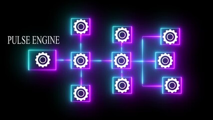 Pulse engine system with interconnected gears and glowing neon blue and magenta lines on a black background with text PULSENGINE - Powered by Adobe