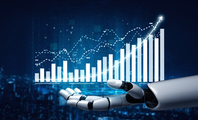 A futuristic robotic hand holds a digital presentation of financial data, showcasing growth trends through graphs and charts in a modern tech environment. Impute