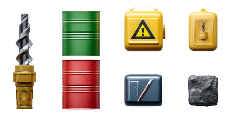 Isolated Objects Featuring Colorful Drums, Caution Box, Drill Bit, and More