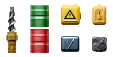 Isolated Objects Featuring Colorful Drums, Caution Box, Drill Bit, and More