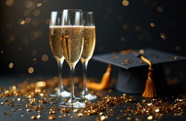 Champagne glasses filled with bubbly drink stand near mortarboard. Golden confetti sparkles on surface. Party still life concept conveys festivity. Dark graduation congrats background. Congrats