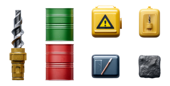 Isolated Objects Featuring Colorful Drums, Caution Box, Drill Bit, and More