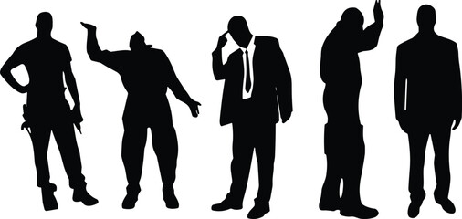 Group of male silhouettes standing in different expressive poses, professional and casual figures, minimalist black design, ideal for business, presentation, and creative projects