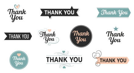 Elegant assortment of thank you message designs, featuring diverse typography, decorative banners, and stylish badges for expressing gratitude