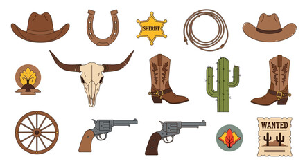 Set of classic American Western theme vector elements with cowboy accessories, revolvers, and desert symbols