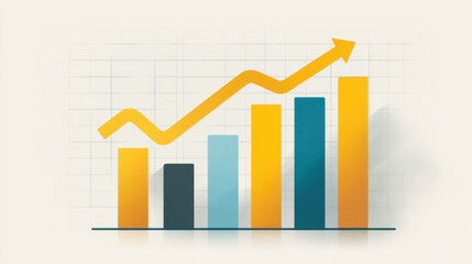 Obraz premium Upward trending bar chart with rising yellow arrow shows growth and performance improvement in business analytics and financial data visualization