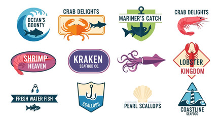 Vibrant Seafood Badges A Collection of Ocean's Bounty, Crab Delights, and Nautical-Themed Illustrations