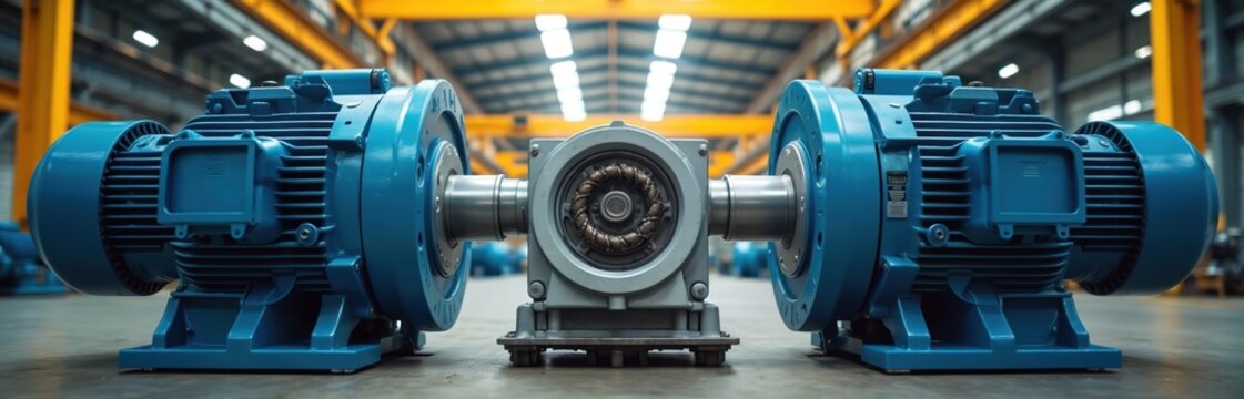 Large blue electric motors sit on factory floor connected by central unit. Industrial machinery operates in large warehouse. Heavy duty equipment for production.