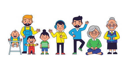 Family members of different ages together, from a baby to the elderly, smiling and happy