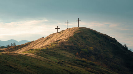 Three crosses hill hill cross landscape sunrise sky grassy slope solitude faith religion