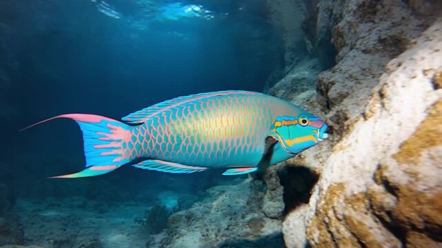 Colorful parrotfish swims near rock formation in clear blue ocean water environment scene underwater fish video